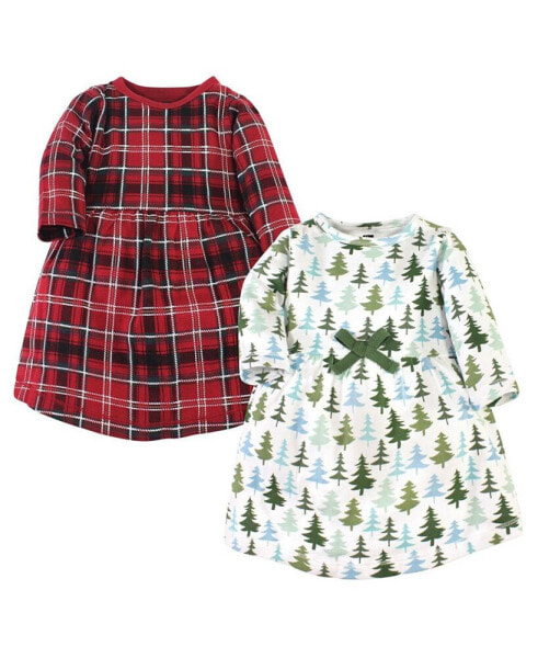 Infant Girl Cotton Long-Sleeve Dresses 2pk, Evergreen Trees