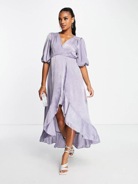 Flounce London satin puff sleeve maxi wrap dress in light blue satin 