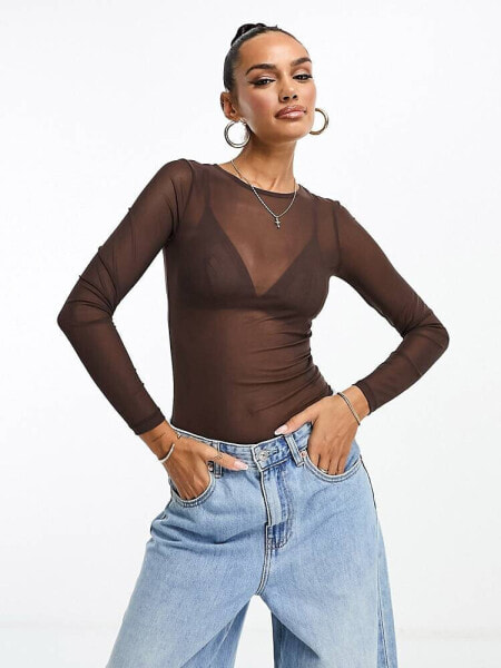 ASOS DESIGN mesh bodysuit in chocolate