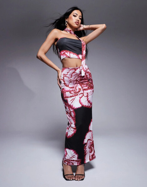 Kaiia exclusive slinky scarf detail bandeau top co-ord in pink & red floral print