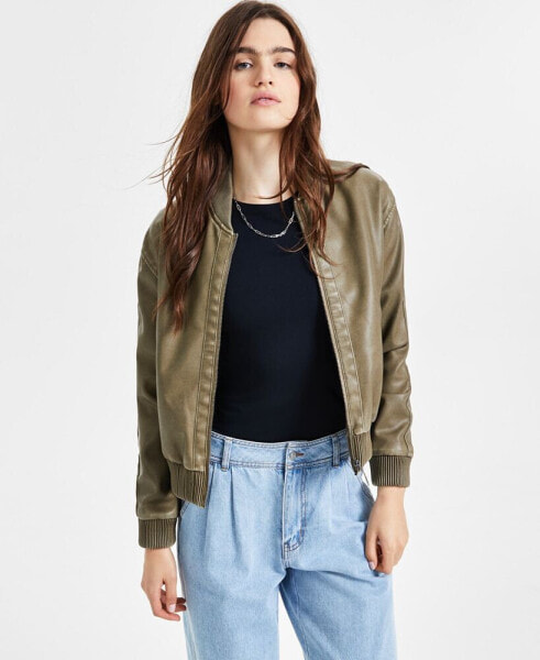 Juniors' Distressed Faux-Leather Bomber Jacket, Created for Macy's