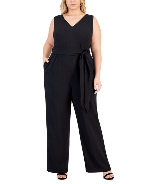 Plus Size V-Neck Sleeveless Belted Jumpsuit