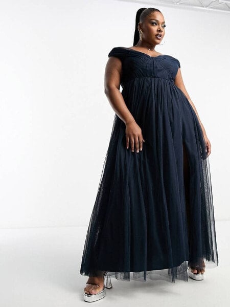 Anaya Plus bardot maxi tulle dress with split in navy