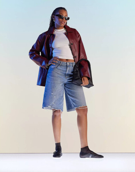 ASOS DESIGN baggy longline denim jorts with rips in bleach wash