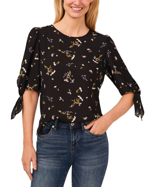 Women's Floral Print Tie Sleeve Crewneck Blouse