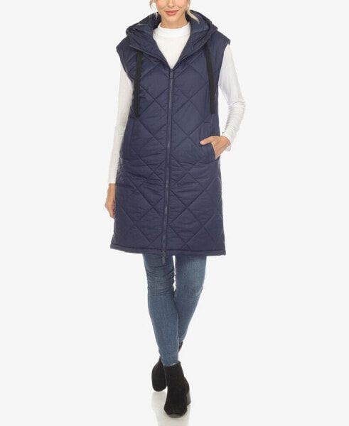 Women's Diamond Quilted Hooded Long Puffer Vest Jacket