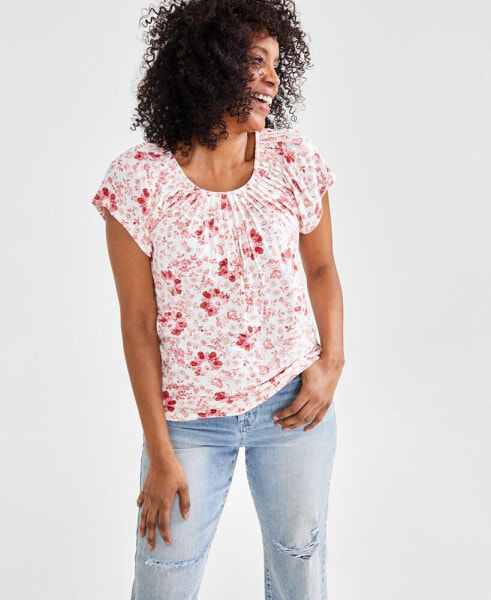 Petite Pleated-Neck Floral Top, Created for Macy's