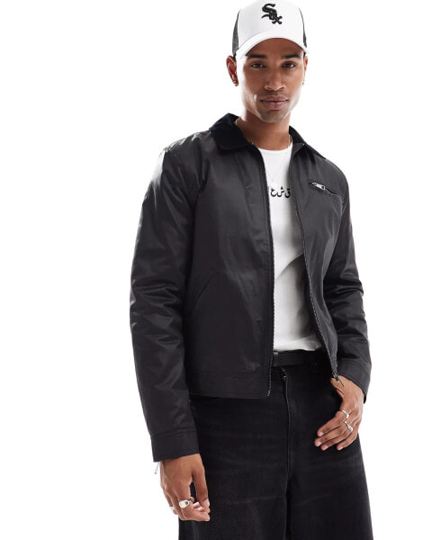 ASOS DESIGN waxed worker jacket with contrast cord collar in black