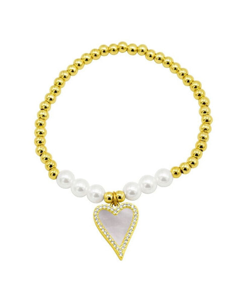 14K Gold-Plated Stretch Pearl Bracelet with Mother-of-Pearl Halo Heart