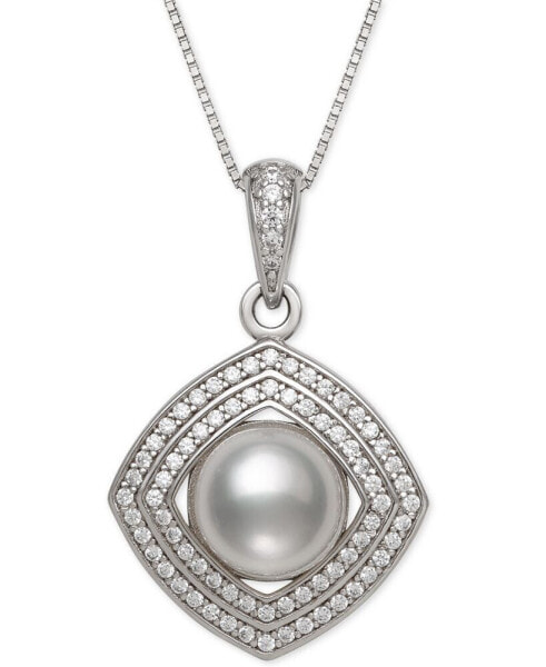 Belle de Mer cultured Freshwater Pearl (8mm) & Cubic Zirconia 18" Pendant Necklace in Sterling Silver