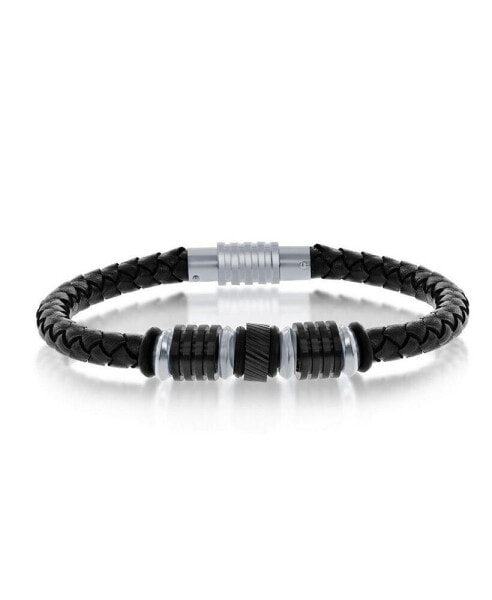 Stainless Steel Two-tone Genuine Black Leather Bracelet