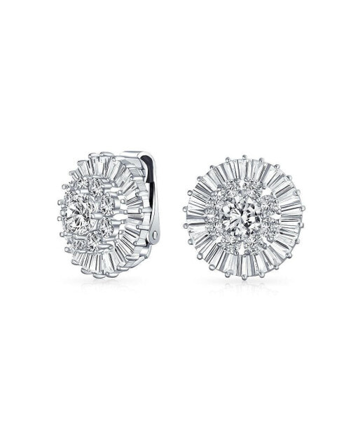 Bridal Wedding CZ Baguette Pave Round Cubic Zirconia Clip On Earrings For Women Non Pierced Ears Brass