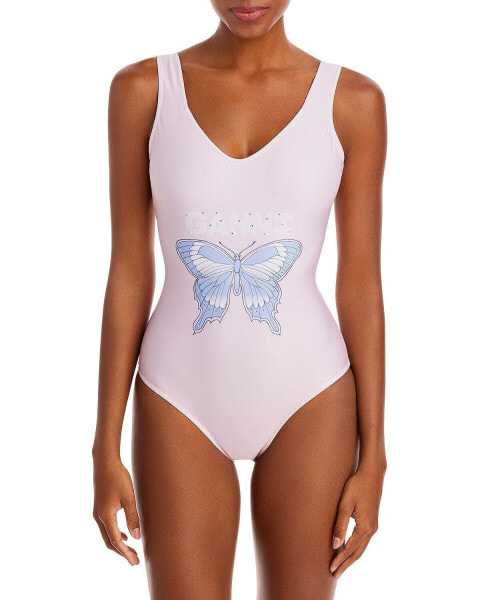 Ganni Women's Graphic Deep Cut One Piece Swimsuit, Light Lilac Size S 34