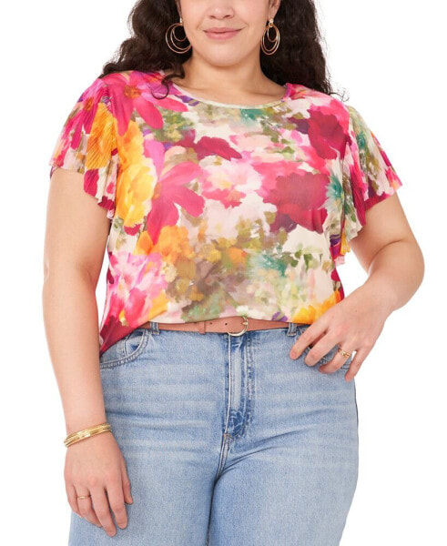 Plus Size Floral Pleat-Sleeve Mesh Top