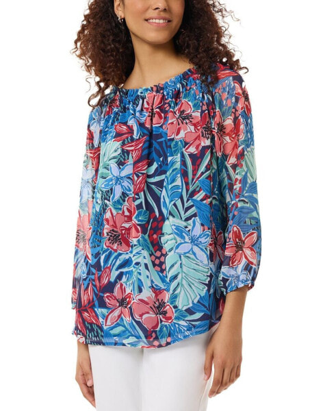 Women's Printed Smocked-Neck Blouse