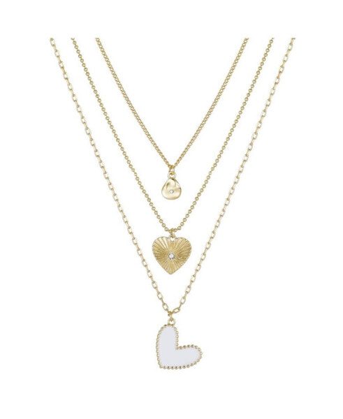14K Gold Flash-Plated 3-Pieces White Enamel Genuine Crystal Heart Layered Pendants Set