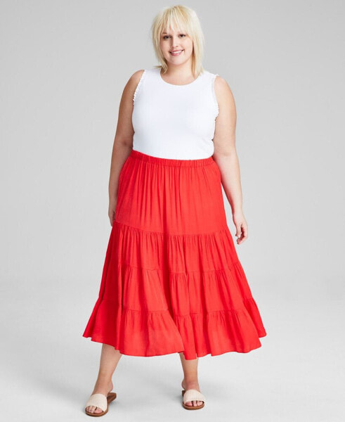 Plus Size Pull-On Tiered Midi Skirt