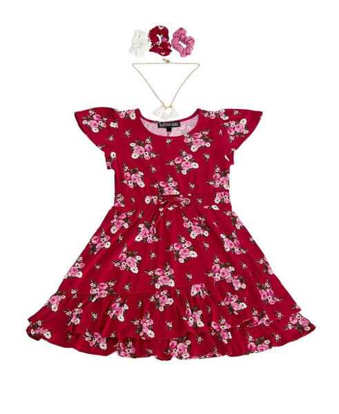 Платье для малышей Trixxi короткое с коротким рукавом, с принтом, с набором scrunchie и ожерельем.