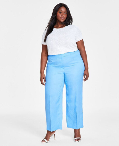 Plus Size Linen-Blend High Rise Fly-Front Wide-Leg Pants