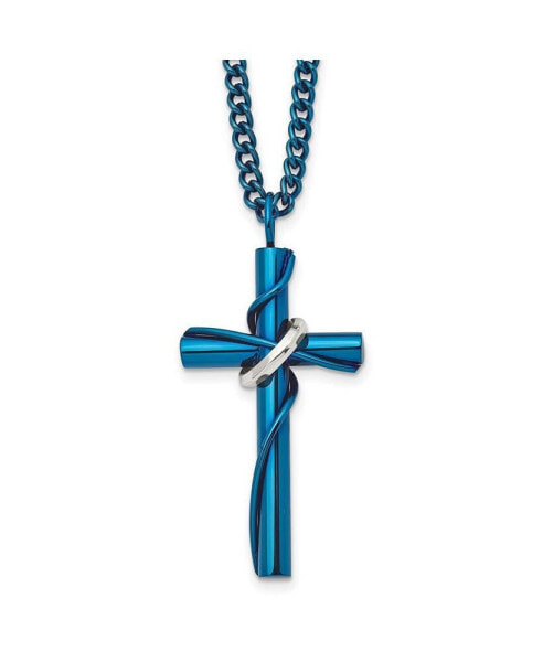 Blue IP-plated Cross Moveable Ring Pendant Curb Chain Necklace