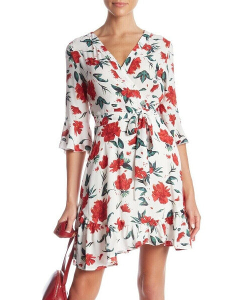 Romeo & Juliet Couture 157916 Women's V-neck Floral Dress White/Red Sz. Medium