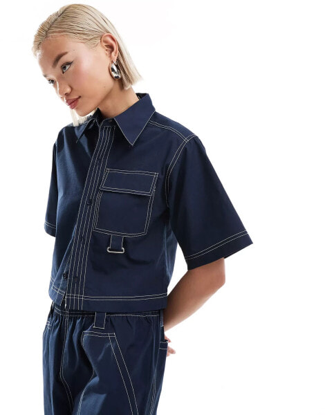 COLLUSION ripstop crop boxy shirt with contrast stitch in navy