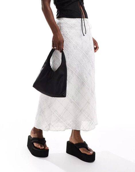 Mango lightweight linen mix check skirt in white