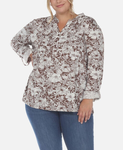 Plus Size Pleated Long Sleeve Floral Print Blouse