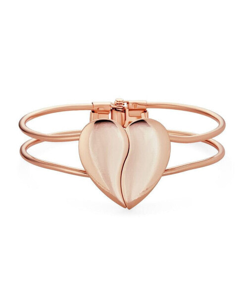 Initials Friendship Love Split Heart Wide Bracelets Bangle Cuff Bracelet For Women ForRose Gold Tone Metal Hinge Opening