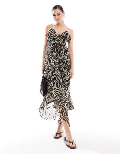 ONLY strappy frill maxi dress in zebra