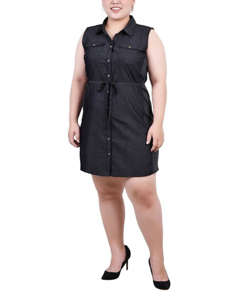 Plus Size Sleeveless Belted Chambray Dress