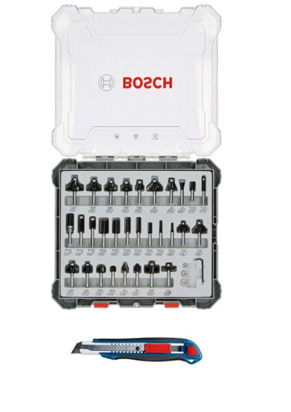 Bosch Fräser Set Mixed 30 teilig 8 mm Schaft für Oberfräsen + Gratis Cuttermesser