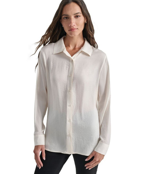 Petite Buttoned-Cuff Fold-Collar Blouse