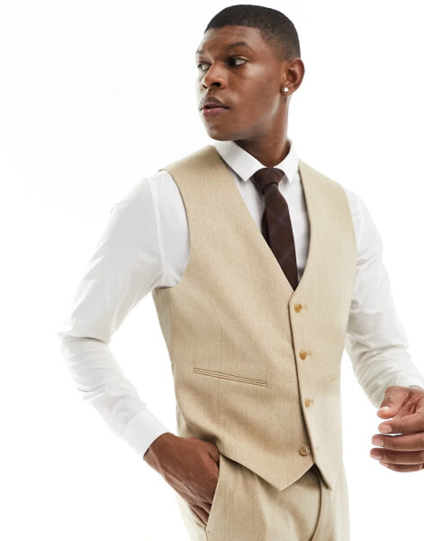 ASOS DESIGN wedding slim wool mix suit waistcoat in beige basketweave texture