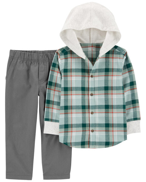 Toddler 2-Piece Plaid Hooded Button-Front & Pant Set 2T