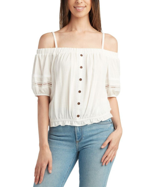 Juniors' Cold-Shoulder 3/4-Sleeve Pull-On Top