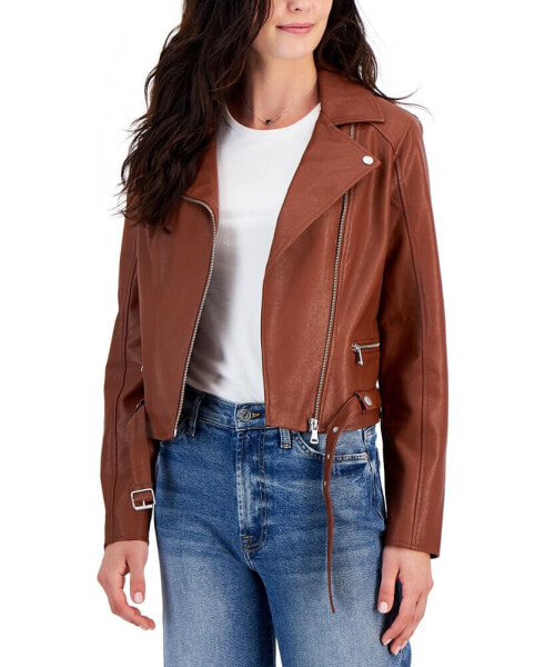 Juniors' Faux-Leather Long-Sleeve Moto Jacket, Created by Macy's