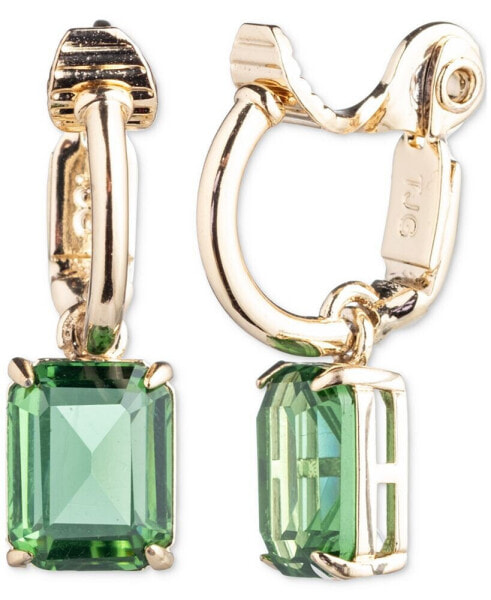 Gold-Tone Color Rectangle Stone Charm Clip-On Huggie Hoop Earrings