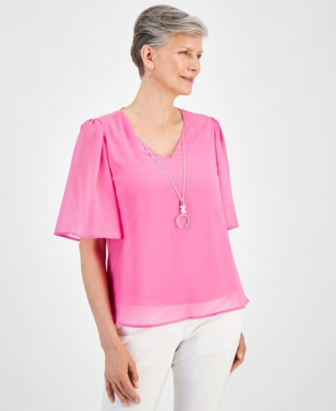 Petite V-Neck Flutter-Sleeve Necklace Top, Created for Macy's