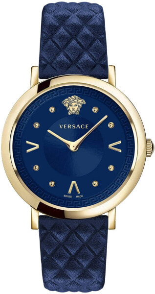 Versace Pop Chic Damenuhr Blaues Leder Gold Stahl Blaues Zifferblatt 36mm VEVD00319