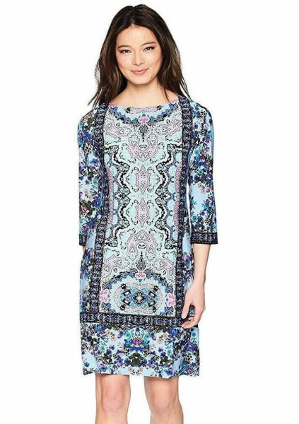 London Times 153510 Women's Medallion Shift Dress Blue Multi Sz. 6 US