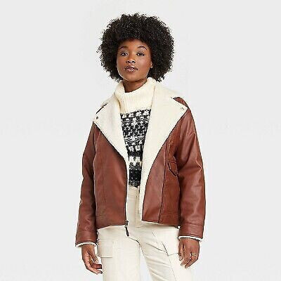 Women's Oversized Faux Leather Moto Jacket - Universal Thread Brown S