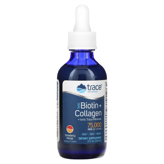 Витамины для здоровья кожи Trace Minerals Ionic Biotin + Collagen, Клубника Манго, 75,000 мкг, 2 fl oz (59 мл)