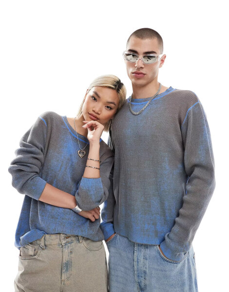 COLLUSION Unisex distressed knitted crew neck jumper in grey & blue