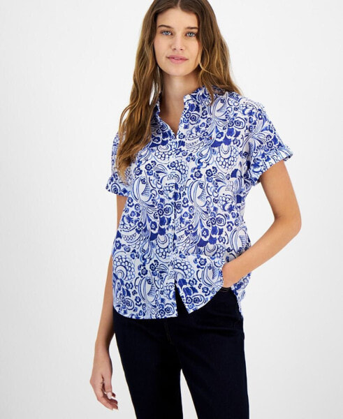 Women's Cotton Floral-Print Camp Shirt