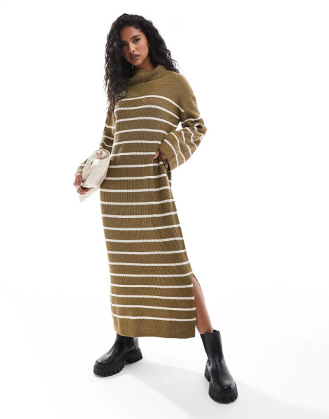 Vila high neck knitted maxi dress in olive green stripe