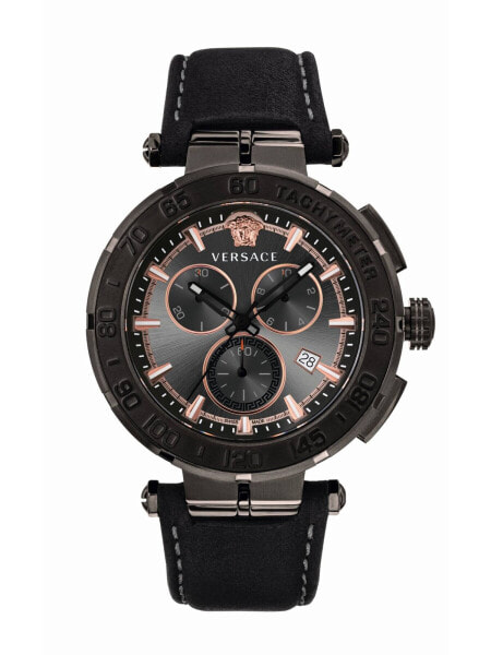 Versace Herren Armbanduhr Greca Chrono 45 mm Datum, Chronograph, Tachymeter Armband Leder VEPM00320