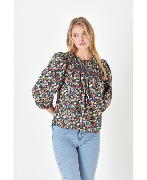 Women's Floral Print Pin tuck Detail Top