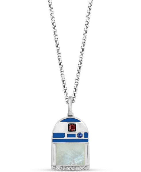 Wonder Fine Jewelry mother of Pearl, Sapphire, Garnet, & Diamond Accent R2D2 18" Pendant Necklace in Sterling Silver