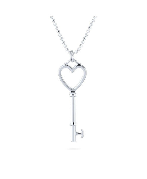 Large Simple Romantic Key to Your Heart Open Heart Key Necklace Pendant For Women Teens Girlfriend .925 Sterling Silver